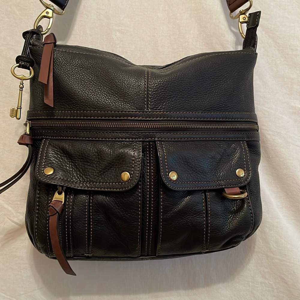 Fossil Vintage Pebbled Leather North/South Top Zip Boho Black Crossbody